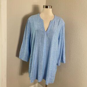 Lands End Womens Plus XXL Blue Linen Blend Tunic Top 3/4 Sleeves V Neck Pockets